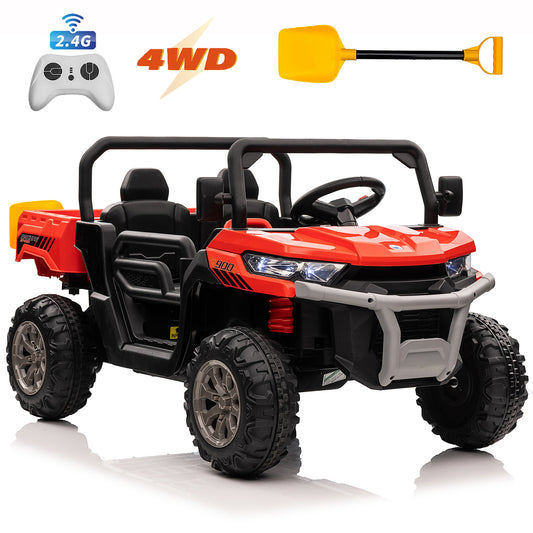 Funride 24V Kids Ride on Dump Truck with Remote Control, 2 Seater Powered 4-Wheel UTV Toys, 4x200W Ride on Tractor Car w/ Electric Dump Bed, Shovel, Bluetooth Music, Red