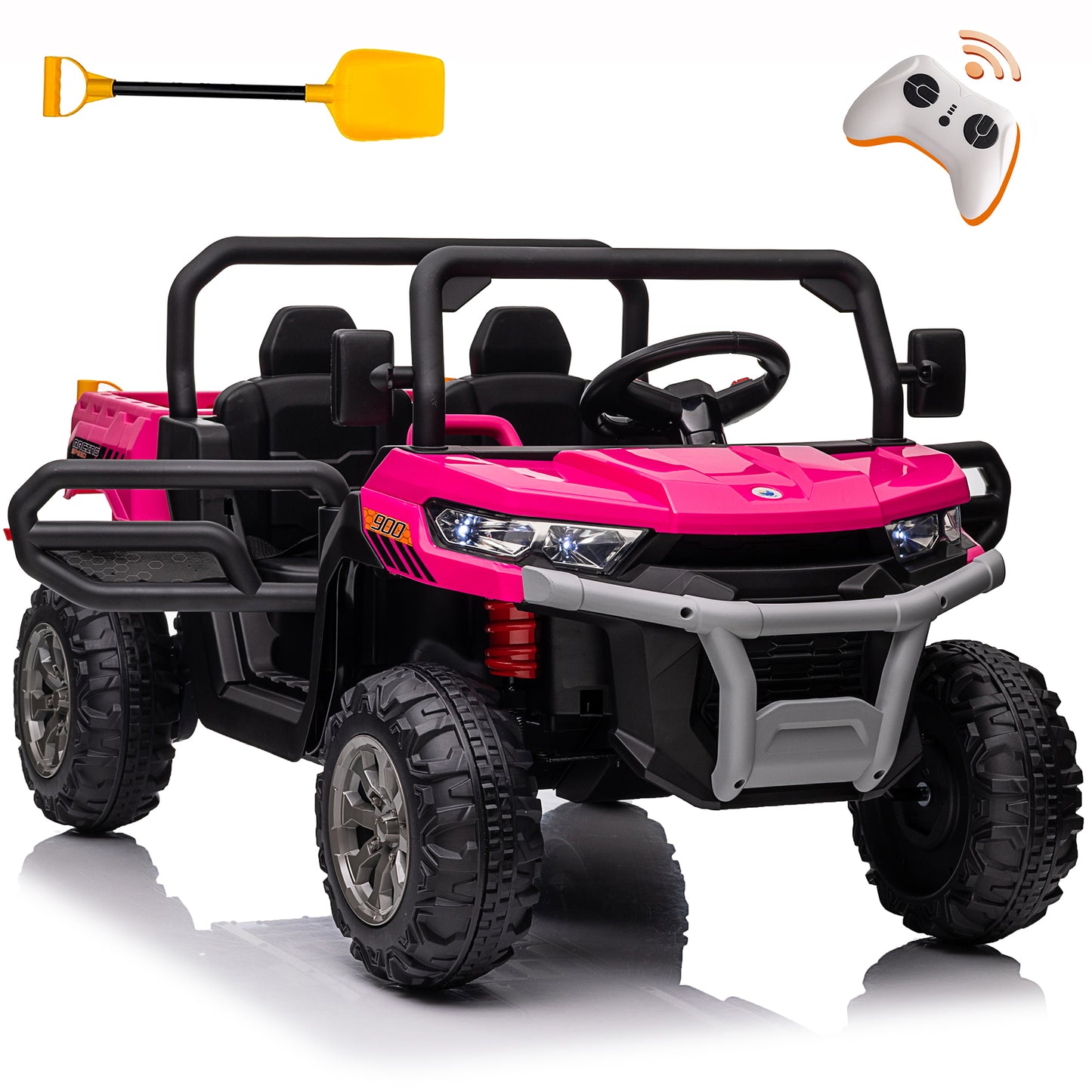 24V Kids Ride on Dump Truck with Remote Control, 2 Seater Powered 4-Wheel UTV Toys, 2x200W Ride on Tractor Car w/ Electric Dump Bed, Shovel, Bluetooth Music, Black, Green, Red, pink -623